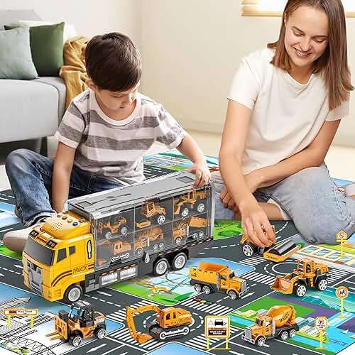 NIPLOOOW Toddler Boys Construction Truck Vehicle Toy Set with Play Mat and Die-Cast Toy Car, Transport Carrier Truck for Kids 3-5, Birthday Gifts Toys for 3-8 Year Old Boys - Image 3
