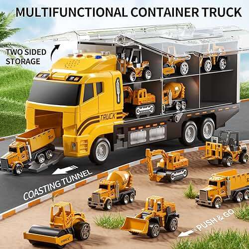 NIPLOOOW Toddler Boys Construction Truck Vehicle Toy Set with Play Mat and Die-Cast Toy Car, Transport Carrier Truck for Kids 3-5, Birthday Gifts Toys for 3-8 Year Old Boys - Image 5