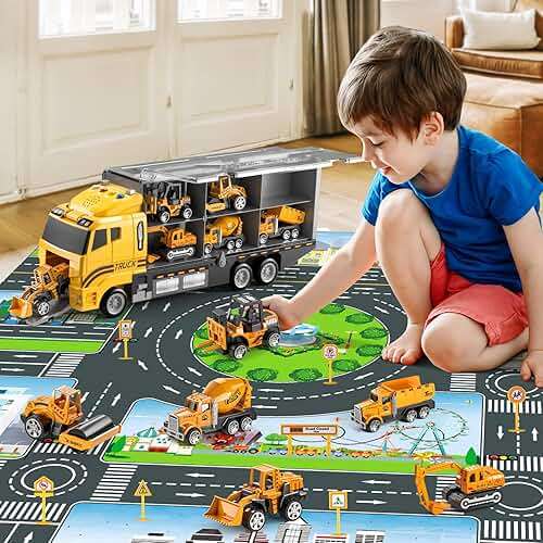 NIPLOOOW Toddler Boys Construction Truck Vehicle Toy Set with Play Mat and Die-Cast Toy Car, Transport Carrier Truck for Kids 3-5, Birthday Gifts Toys for 3-8 Year Old Boys - Image 7