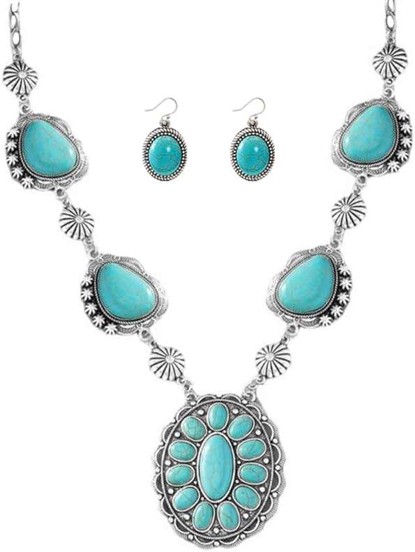 Exaggerated Turquoise Jewelery Set for Women Dangle Earring Pendant Choker Necklace Long Oxidized Silver Daisy Bohemian Bollywood Vintage Western Cowgirl Jewelry Holiday Wedding Party - Image 1