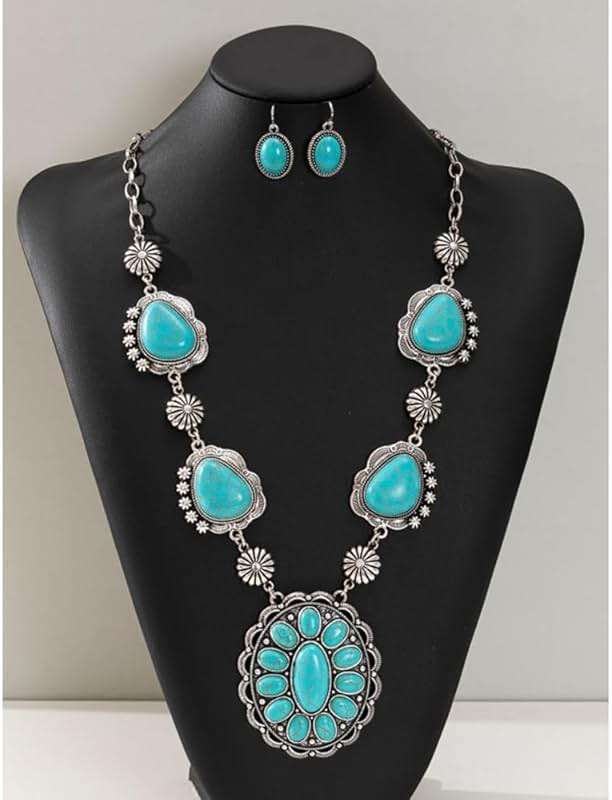 Exaggerated Turquoise Jewelery Set for Women Dangle Earring Pendant Choker Necklace Long Oxidized Silver Daisy Bohemian Bollywood Vintage Western Cowgirl Jewelry Holiday Wedding Party - Image 3