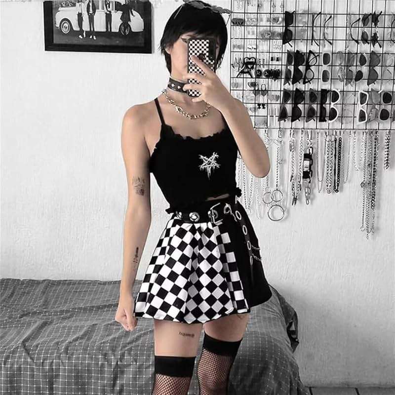 Ruolai Goth Black Pleated Mini Skirt with Chain High Waisted Tennis Skirt - Image 2