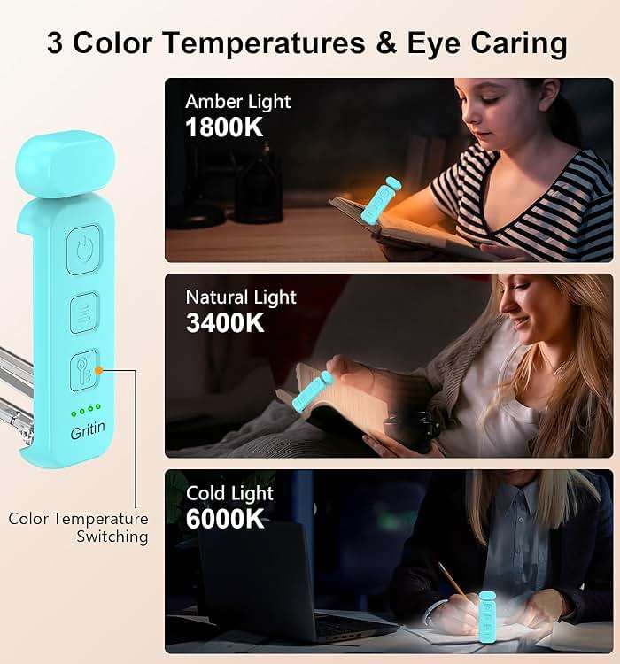 Gritin Reading Light, Rechargeable Book Light for Reading in Bed - Eye Caring 3 Color Temperatures, 5-Level Dimmable Brightness, Long Lasting, Compact Size Clip on Book Lamp for Bookworms-Blue - Image 4