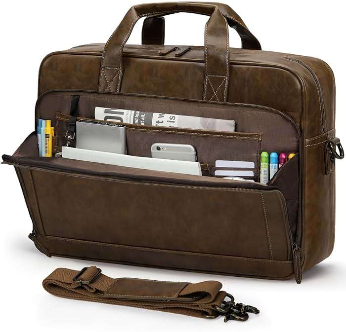 RAINSMORE Mens Laptop Bag 16 Inch Leather Briefcase Vintage Messenger Bag for Men Large Crossbody Shoulder Office Computer Bag Retro College Satchel Bag for Work, Business,Travel, Brown - Image 1