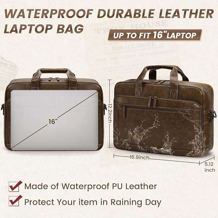 RAINSMORE Mens Laptop Bag 16 Inch Leather Briefcase Vintage Messenger Bag for Men Large Crossbody Shoulder Office Computer Bag Retro College Satchel Bag for Work, Business,Travel, Brown - Image 3