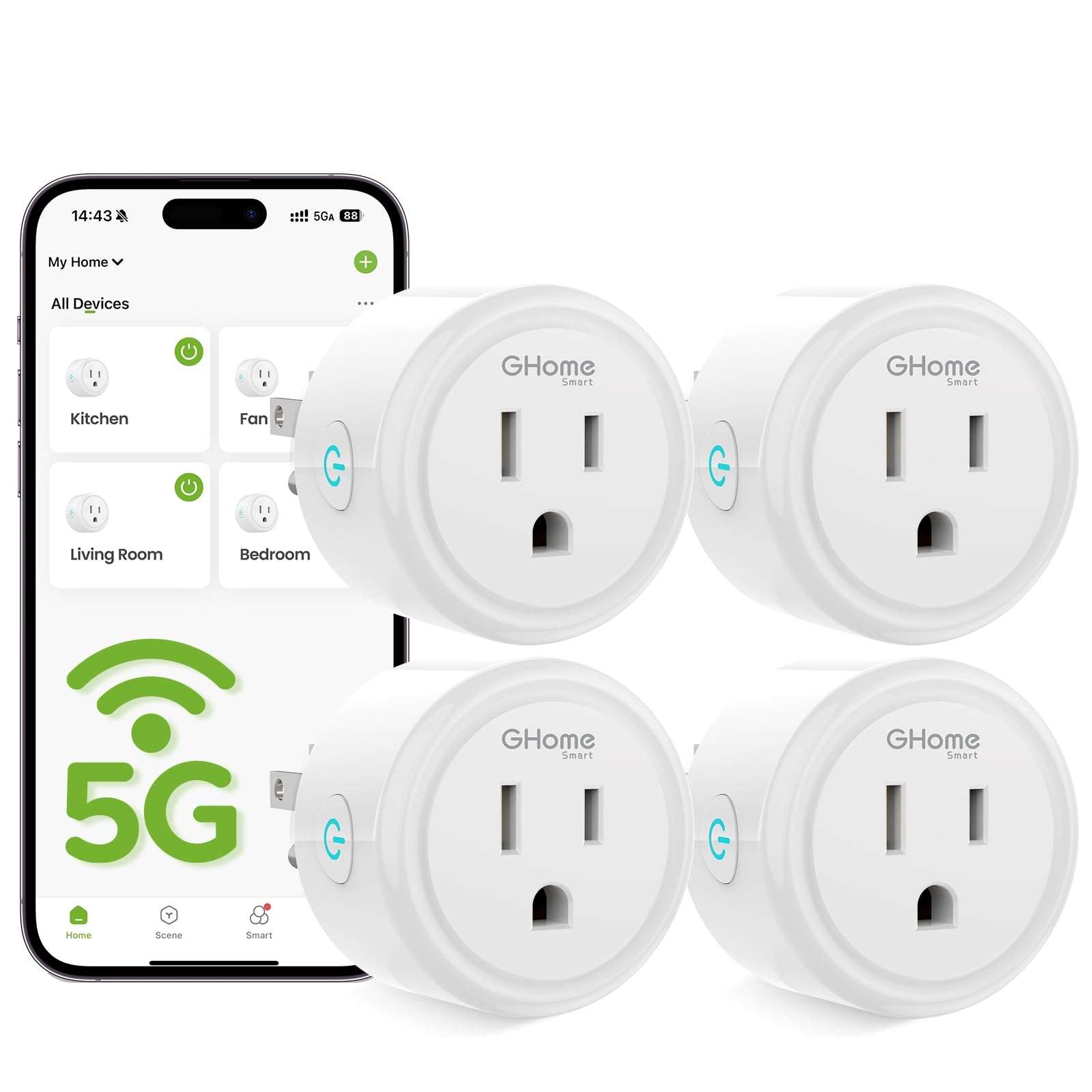 GHome Smart 5G 15A WiFi Smart Plug Compatible with Alexa and Google Home, Outlet Timer Smart Home WiFi Outlet Timer with Remote Control, 5GHz and 2.4GHz Wi-Fi Sockets, ETL FCC Listed, White, 4 Pack - Image 1