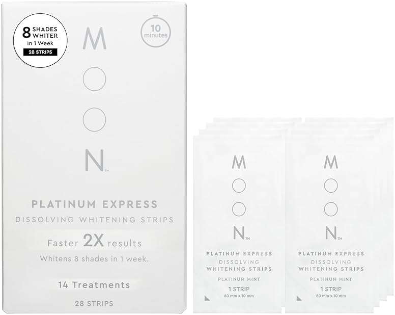 MOON Dissolving Teeth Whitening Strips, 28 Platinum Express No Rinse White Strips, Winter Mint, Hydrogen Peroxide & Essential Oils, Whiten Sensitive Teeth up to 8 Shades in 1 Week, Travel Essentials - Image 1