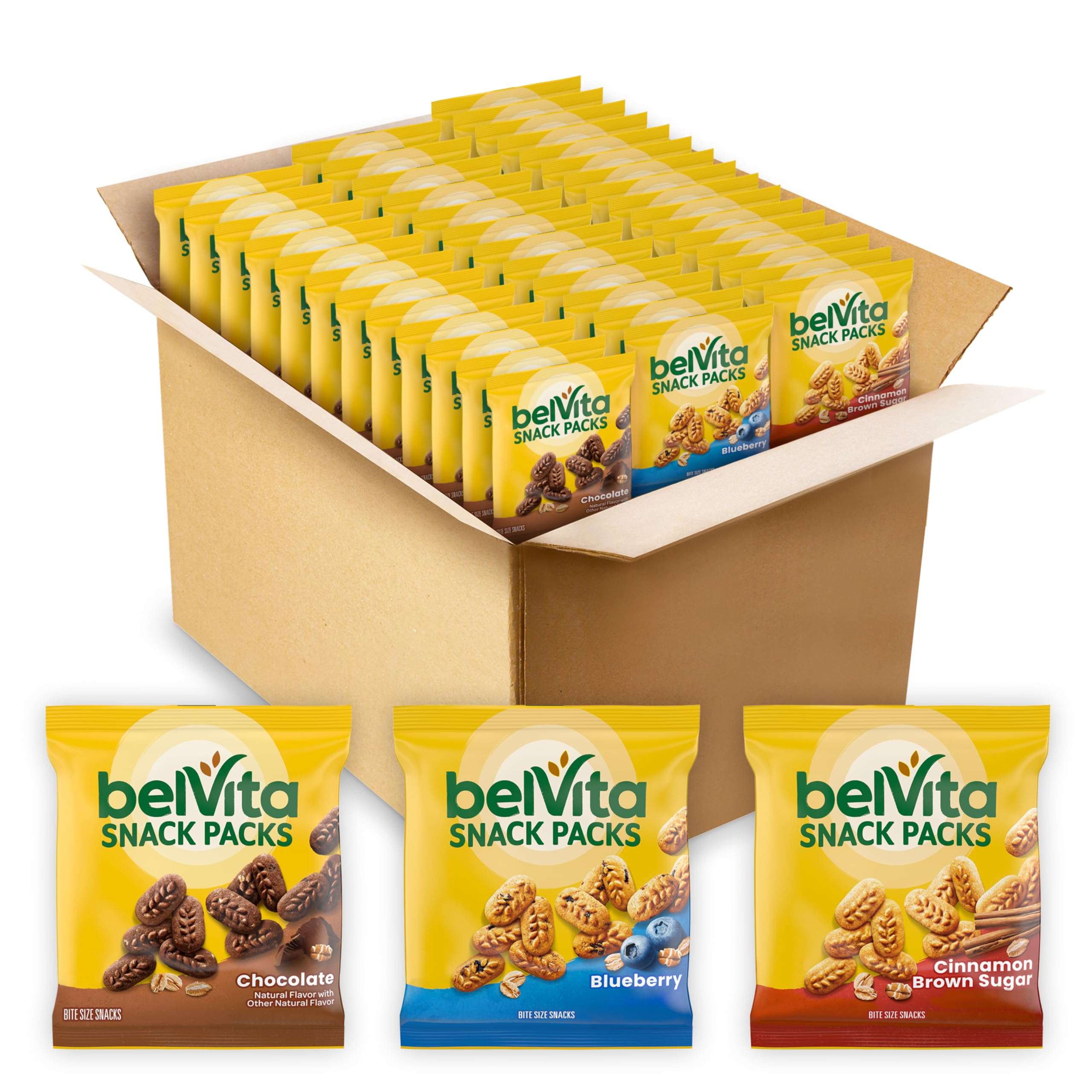 belVita Bite Size Snacks Variety Pack, Blueberry, Chocolate and Cinnamon Brown Sugar Crunchy Bites, 40 Snack Packs - Image 1