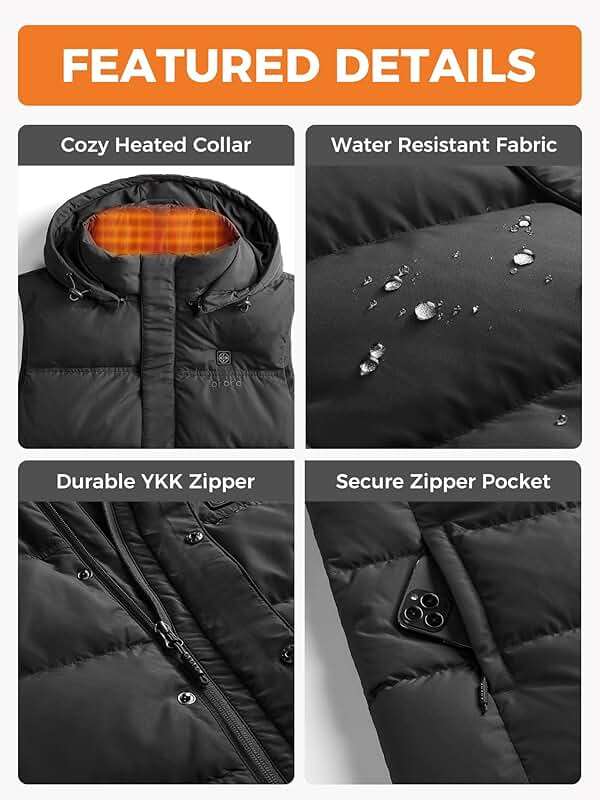 ORORO Men's Heated Down Vest with Detachable Hood, 800 Fill Down, Heating Vest with USB-C Rechargeable Battery - Image 6