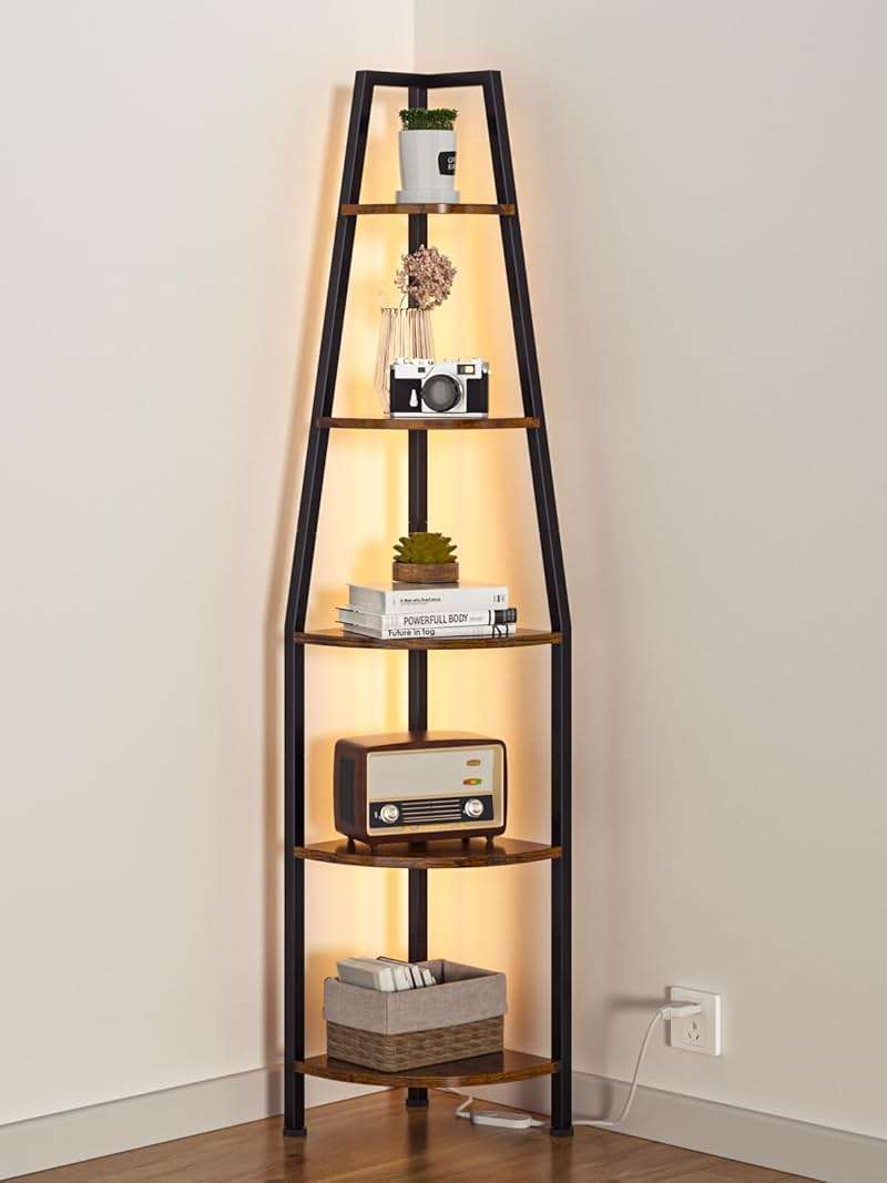 Furnulem 5 Tier Corner Shelf with LED Light, 67.2” Tall Standing Shelf for Wall Corner, Narrow Bookshelf Ladder Shelf for Bedroom, Living Room, Plant, Wood Storage Rack, Metal Frame (Rustic Brown) - Image 1