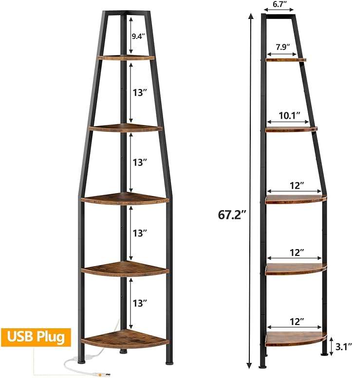 Furnulem 5 Tier Corner Shelf with LED Light, 67.2” Tall Standing Shelf for Wall Corner, Narrow Bookshelf Ladder Shelf for Bedroom, Living Room, Plant, Wood Storage Rack, Metal Frame (Rustic Brown) - Image 2