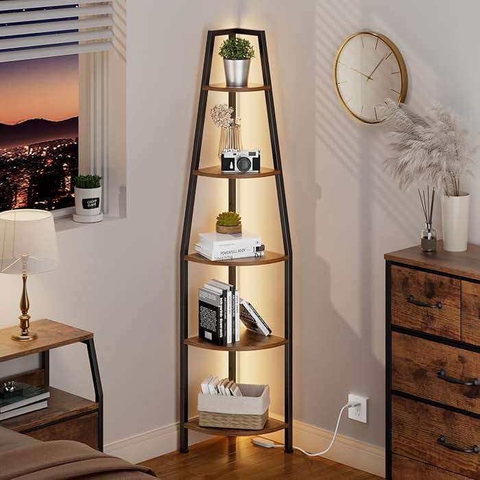 Furnulem 5 Tier Corner Shelf with LED Light, 67.2” Tall Standing Shelf for Wall Corner, Narrow Bookshelf Ladder Shelf for Bedroom, Living Room, Plant, Wood Storage Rack, Metal Frame (Rustic Brown) - Image 6