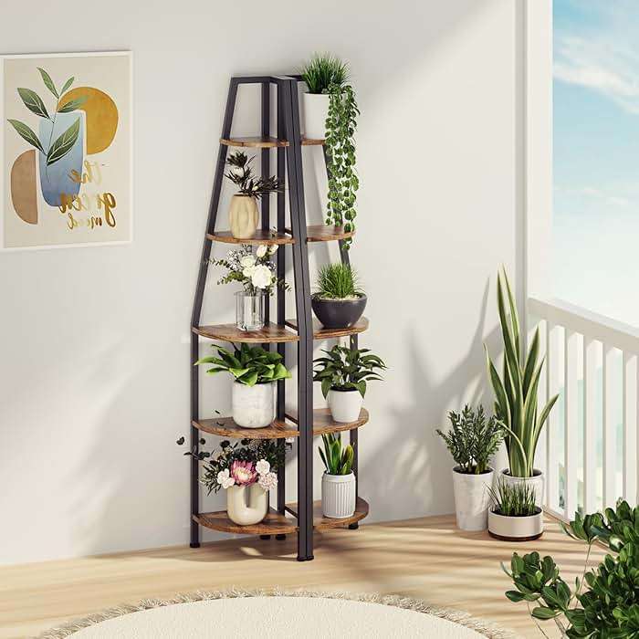 Furnulem 5 Tier Corner Shelf with LED Light, 67.2” Tall Standing Shelf for Wall Corner, Narrow Bookshelf Ladder Shelf for Bedroom, Living Room, Plant, Wood Storage Rack, Metal Frame (Rustic Brown) - Image 8