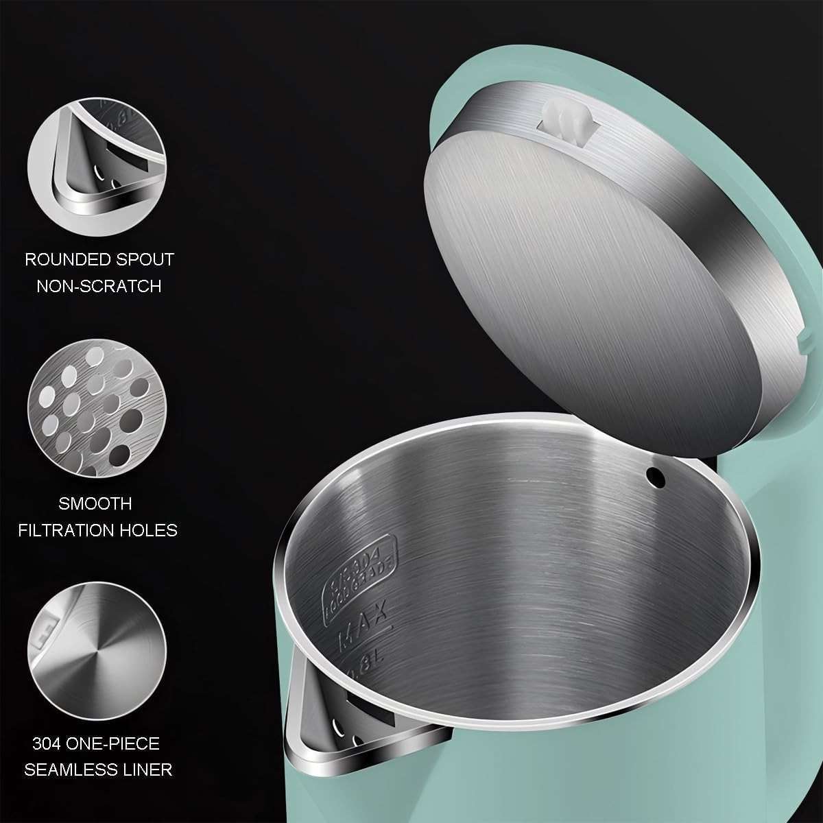 0.8L Small Electric Kettles for Boiling Water, Stainless Steel Mini Travel Kettle, 1000W Fast Boil Teapot, Boil-Dry Protection & Auto Shut-Off, Perfect For Traveling Cooking, Coffee, Tea, Eggs(Green) - Image 4