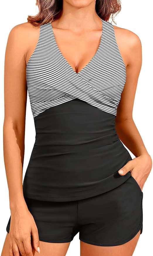 Women Tankini Swimsuits with Shorts - Two Piece Tummy Control Bathing Suits Top with Two Pockets Bottom Swimwear - Image 1