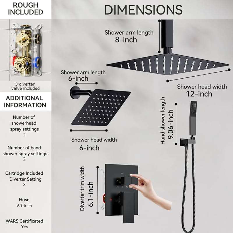 Matte Black Shower Faucet Set Shower System, STARBATH 12"+6" Ceiling Mount Rain Shower Head and Handheld Spray for Two Person, Shower Faucet Set with Diverter Valve and Trim Kit Complete - Image 6