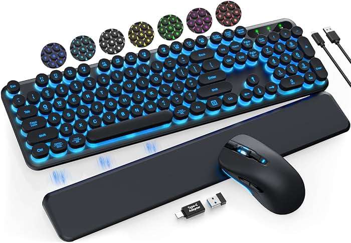 Wireless Keyboard and Mouse Backlit - Typewriter Keyboard with Magnetic Wrist Rest, Retro Round Keys, Light Up Letters, 2.4GHz Cordless Combo for Mac, Windows, PC, Laptop, Trueque CK23Pro [Upgraded] - Image 1