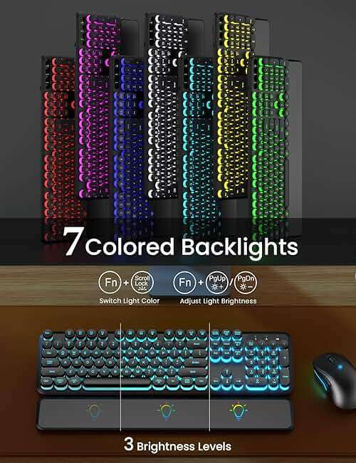 Wireless Keyboard and Mouse Backlit - Typewriter Keyboard with Magnetic Wrist Rest, Retro Round Keys, Light Up Letters, 2.4GHz Cordless Combo for Mac, Windows, PC, Laptop, Trueque CK23Pro [Upgraded] - Image 2