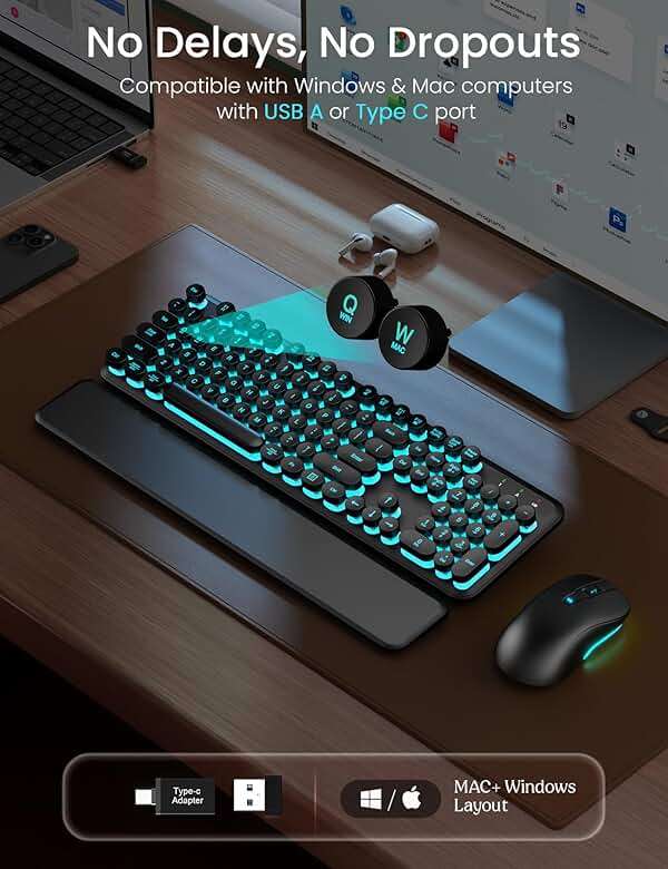 Wireless Keyboard and Mouse Backlit - Typewriter Keyboard with Magnetic Wrist Rest, Retro Round Keys, Light Up Letters, 2.4GHz Cordless Combo for Mac, Windows, PC, Laptop, Trueque CK23Pro [Upgraded] - Image 3