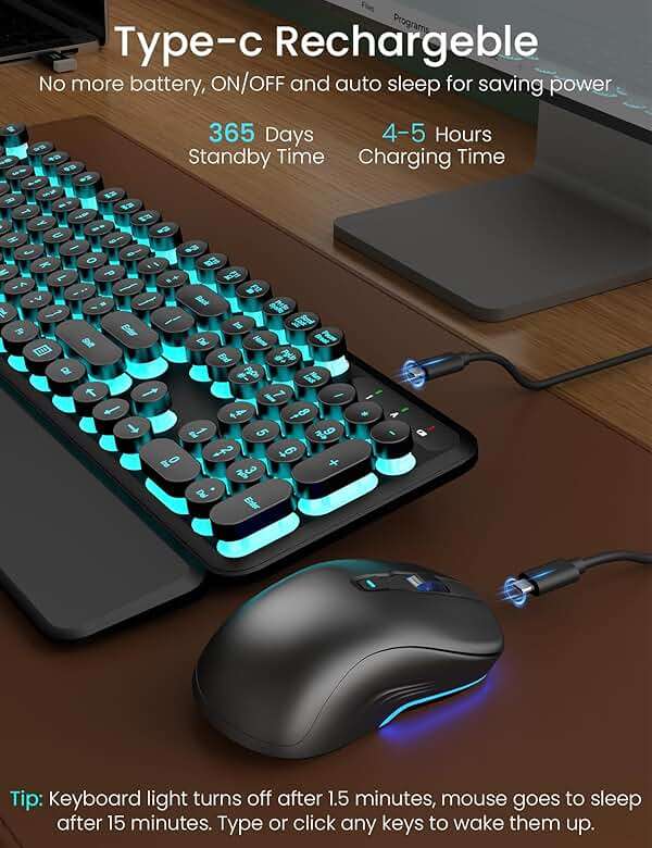 Wireless Keyboard and Mouse Backlit - Typewriter Keyboard with Magnetic Wrist Rest, Retro Round Keys, Light Up Letters, 2.4GHz Cordless Combo for Mac, Windows, PC, Laptop, Trueque CK23Pro [Upgraded] - Image 4