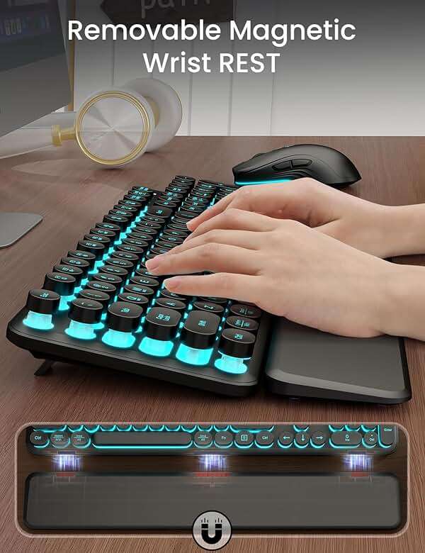 Wireless Keyboard and Mouse Backlit - Typewriter Keyboard with Magnetic Wrist Rest, Retro Round Keys, Light Up Letters, 2.4GHz Cordless Combo for Mac, Windows, PC, Laptop, Trueque CK23Pro [Upgraded] - Image 5