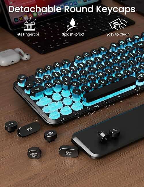 Wireless Keyboard and Mouse Backlit - Typewriter Keyboard with Magnetic Wrist Rest, Retro Round Keys, Light Up Letters, 2.4GHz Cordless Combo for Mac, Windows, PC, Laptop, Trueque CK23Pro [Upgraded] - Image 6