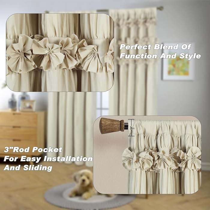 Homechoice Decor Camel Blackout Curtains with Handmade Ruffles, Butterfly Flower Embellishments for Thermal Insulated Room Darkening Drapes, 54"x84", Set of 2 Panels for Bedroom, Living Room (LQ-37) - Image 4