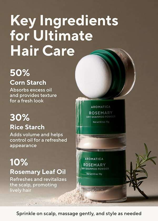 AROMATICA Rosemary Dry Shampoo Powder, Travel Size (10g/0.3oz) - Root Lifting & Volumizing Hair Powder with Panthenol + Biotin, Oil-Absorbing, Non-Aerosol, Talc-Free, Korean Hair Care, for Women - Image 5