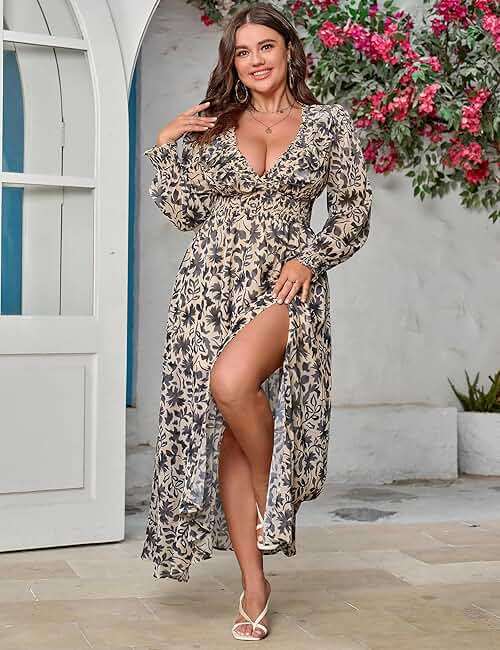 EYWOL Wedding Guest Dress - V Neck Floral Long Sleeve with Slit, Flowy Chiffon for Curvy Women (M-3XL) - Image 3