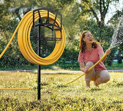 Fire Beauty Garden Hose Holder,Freestanding Water Hose Holder with Storage Basket,In ground Hose Rack Organizer for Outdoor,Detachable Hose Holder Stake,Hose Reel Stand Rack for Outside Lawn Yard - Image 1