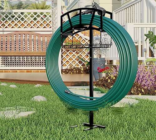 Fire Beauty Garden Hose Holder,Freestanding Water Hose Holder with Storage Basket,In ground Hose Rack Organizer for Outdoor,Detachable Hose Holder Stake,Hose Reel Stand Rack for Outside Lawn Yard - Image 3