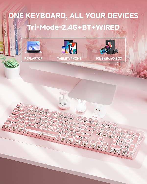 TK950 Typewriter Wireless Mechanical Keyboard, Aesthetic Tri-Mode Bluetooth/2.4G/Wired Retro Punk Typewriter Keyboard with White Backlit, Blue Switch, Round Keycaps for Laptop/Mac/iPad/Win, Pink - Image 4