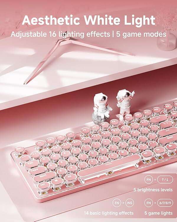 TK950 Typewriter Wireless Mechanical Keyboard, Aesthetic Tri-Mode Bluetooth/2.4G/Wired Retro Punk Typewriter Keyboard with White Backlit, Blue Switch, Round Keycaps for Laptop/Mac/iPad/Win, Pink - Image 5