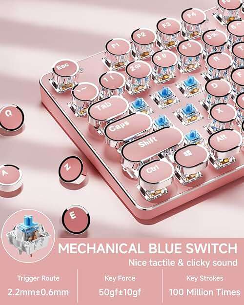 TK950 Typewriter Wireless Mechanical Keyboard, Aesthetic Tri-Mode Bluetooth/2.4G/Wired Retro Punk Typewriter Keyboard with White Backlit, Blue Switch, Round Keycaps for Laptop/Mac/iPad/Win, Pink - Image 7