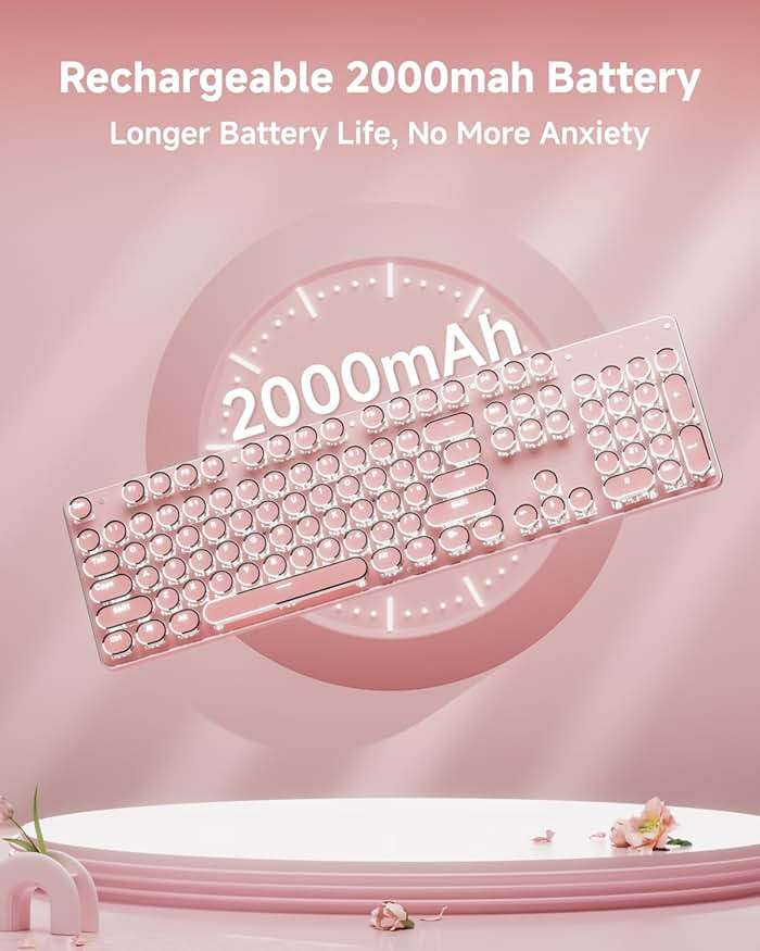 TK950 Typewriter Wireless Mechanical Keyboard, Aesthetic Tri-Mode Bluetooth/2.4G/Wired Retro Punk Typewriter Keyboard with White Backlit, Blue Switch, Round Keycaps for Laptop/Mac/iPad/Win, Pink - Image 8