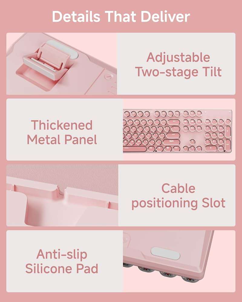 TK950 Typewriter Wireless Mechanical Keyboard, Aesthetic Tri-Mode Bluetooth/2.4G/Wired Retro Punk Typewriter Keyboard with White Backlit, Blue Switch, Round Keycaps for Laptop/Mac/iPad/Win, Pink - Image 9