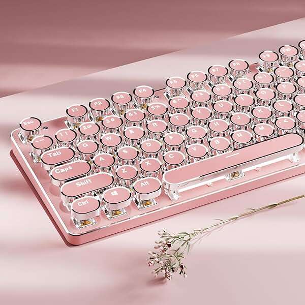 TK950 Typewriter Wireless Mechanical Keyboard, Aesthetic Tri-Mode Bluetooth/2.4G/Wired Retro Punk Typewriter Keyboard with White Backlit, Blue Switch, Round Keycaps for Laptop/Mac/iPad/Win, Pink - Image 10