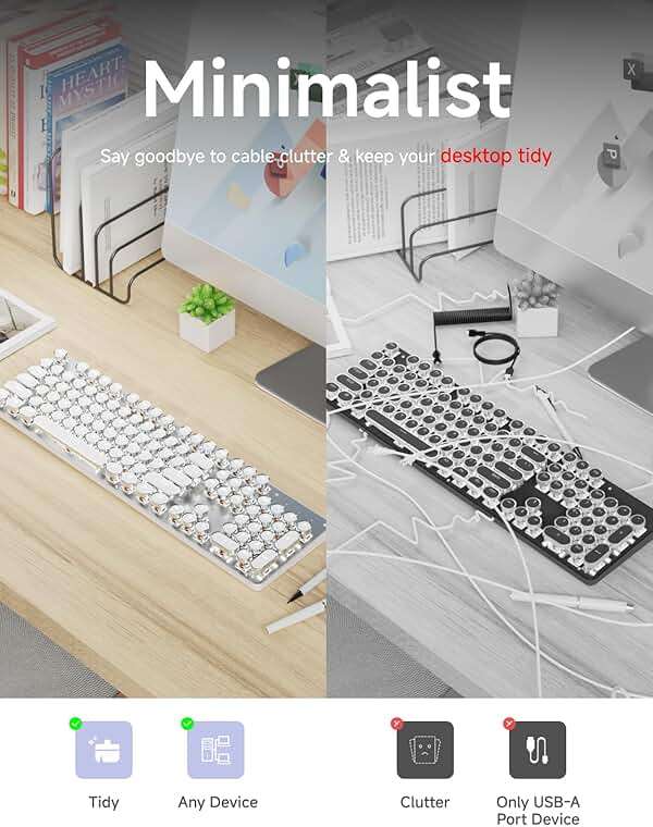 SEUNKWANG EWEADN TK950 Typewriter Keyboard Wireless Mechanical Keyboard, 104 Keys Aesthetic Typewriter Keyboards with White Backlit, Anti-Ghosting, Blue Switch Bluetooth/2.4GHz/Wired Keyboards-White - Image 3