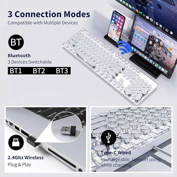 SEUNKWANG EWEADN TK950 Typewriter Keyboard Wireless Mechanical Keyboard, 104 Keys Aesthetic Typewriter Keyboards with White Backlit, Anti-Ghosting, Blue Switch Bluetooth/2.4GHz/Wired Keyboards-White - Image 4