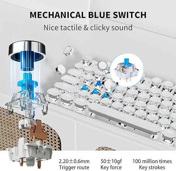 SEUNKWANG EWEADN TK950 Typewriter Keyboard Wireless Mechanical Keyboard, 104 Keys Aesthetic Typewriter Keyboards with White Backlit, Anti-Ghosting, Blue Switch Bluetooth/2.4GHz/Wired Keyboards-White - Image 6