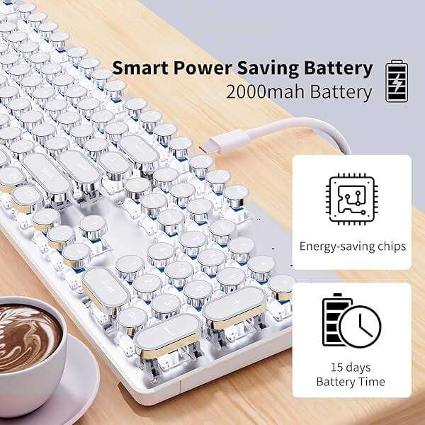 SEUNKWANG EWEADN TK950 Typewriter Keyboard Wireless Mechanical Keyboard, 104 Keys Aesthetic Typewriter Keyboards with White Backlit, Anti-Ghosting, Blue Switch Bluetooth/2.4GHz/Wired Keyboards-White - Image 7