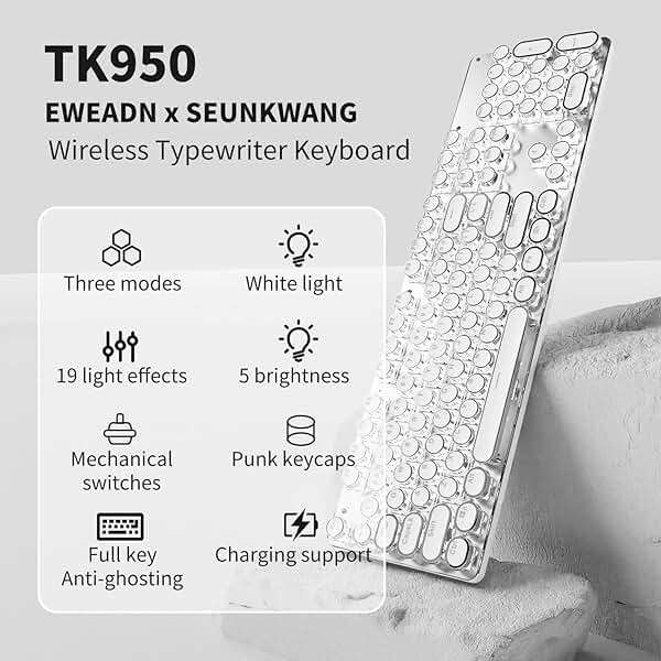 SEUNKWANG EWEADN TK950 Typewriter Keyboard Wireless Mechanical Keyboard, 104 Keys Aesthetic Typewriter Keyboards with White Backlit, Anti-Ghosting, Blue Switch Bluetooth/2.4GHz/Wired Keyboards-White - Image 8