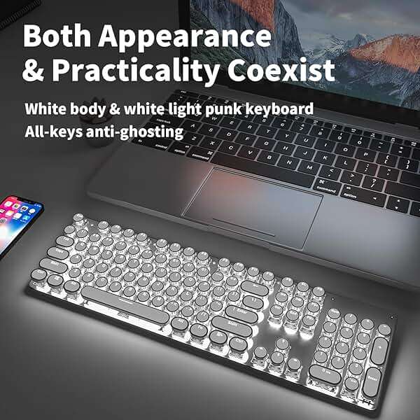 SEUNKWANG EWEADN TK950 Typewriter Keyboard Wireless Mechanical Keyboard, 104 Keys Aesthetic Typewriter Keyboards with White Backlit, Anti-Ghosting, Blue Switch Bluetooth/2.4GHz/Wired Keyboards-White - Image 9