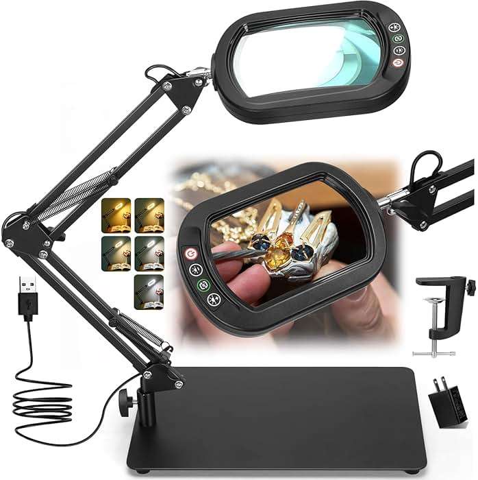 Veemagni 12X Rectangle Magnifying Glass with Light and Stand, 5 Color Modes Stepless Dimmable, 2-in-1 LED Lighted Desk Lamp & Clamp, Hands Free Magnifier for Reading Crafts Repair Painting Close Work - Image 1