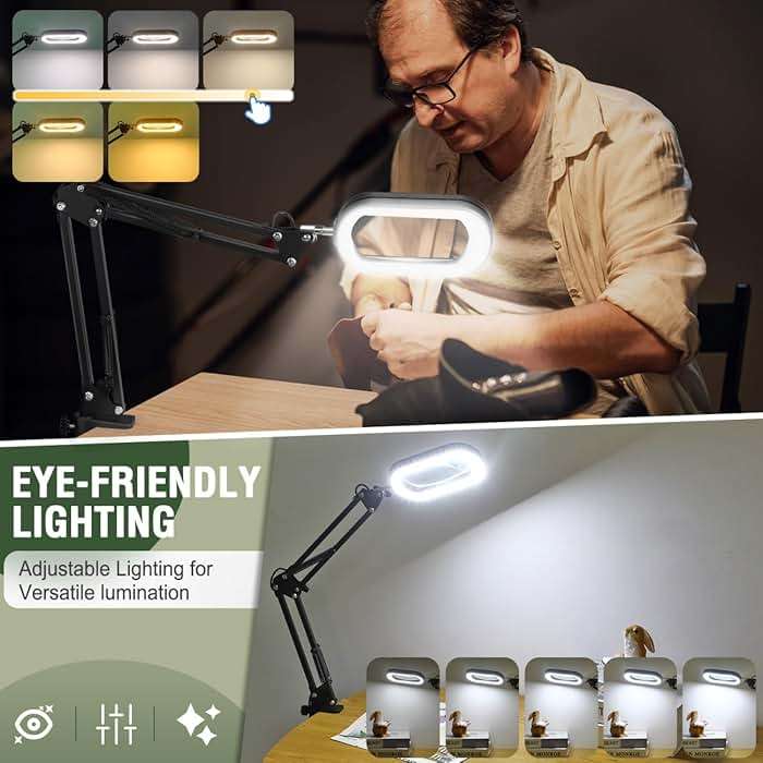 Veemagni 12X Rectangle Magnifying Glass with Light and Stand, 5 Color Modes Stepless Dimmable, 2-in-1 LED Lighted Desk Lamp & Clamp, Hands Free Magnifier for Reading Crafts Repair Painting Close Work - Image 3