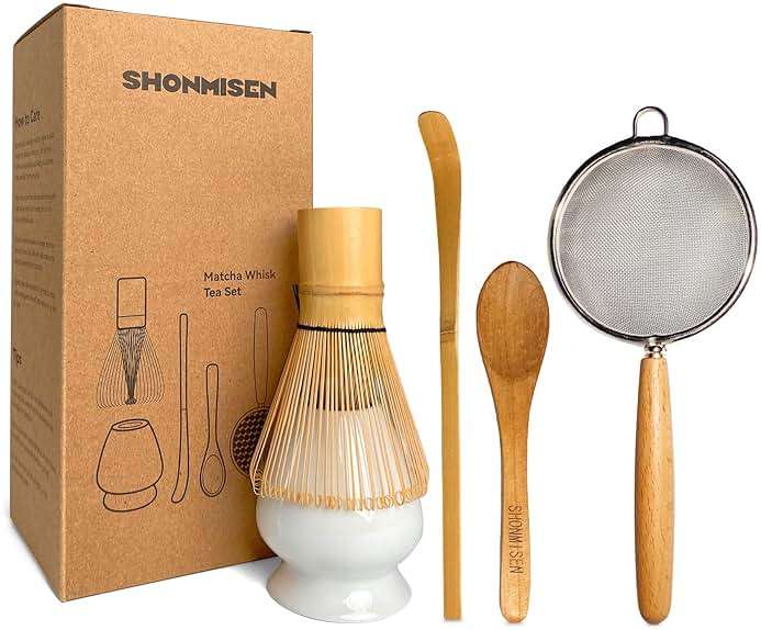 SHONMISEN Bamboo Matcha Whisk Set -Matcha Whisk (Chasen),Whisk Holder(White),Sifter,Tea Scoop and Tea Spoon - Image 1