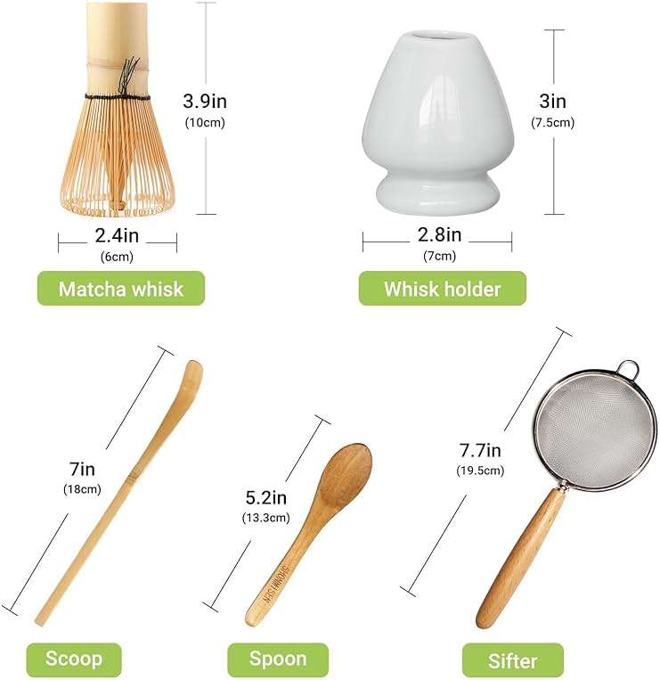 SHONMISEN Bamboo Matcha Whisk Set -Matcha Whisk (Chasen),Whisk Holder(White),Sifter,Tea Scoop and Tea Spoon - Image 2