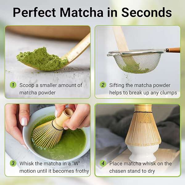 SHONMISEN Bamboo Matcha Whisk Set -Matcha Whisk (Chasen),Whisk Holder(White),Sifter,Tea Scoop and Tea Spoon - Image 4