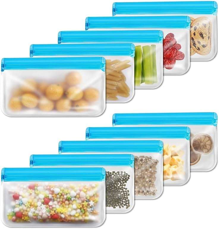 SHUCHUANG 10 Pack Reusable Snack Bags, BPA Free PEVA Food Storage, Extra Thick Dishwasher Safe Freezer Safe, Small Snack Size for Lunch Travel - Image 1