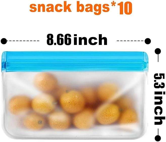 SHUCHUANG 10 Pack Reusable Snack Bags, BPA Free PEVA Food Storage, Extra Thick Dishwasher Safe Freezer Safe, Small Snack Size for Lunch Travel - Image 2